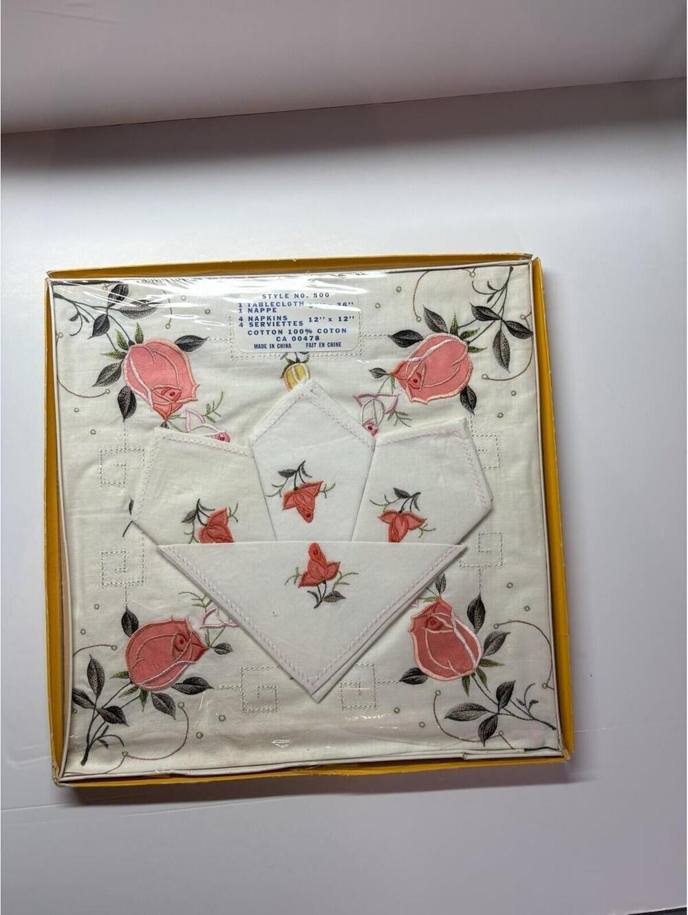 Vintage Pink Rose Embroidered Cotton Tablecloth 36x36 & 4 Napkins Set New In Box